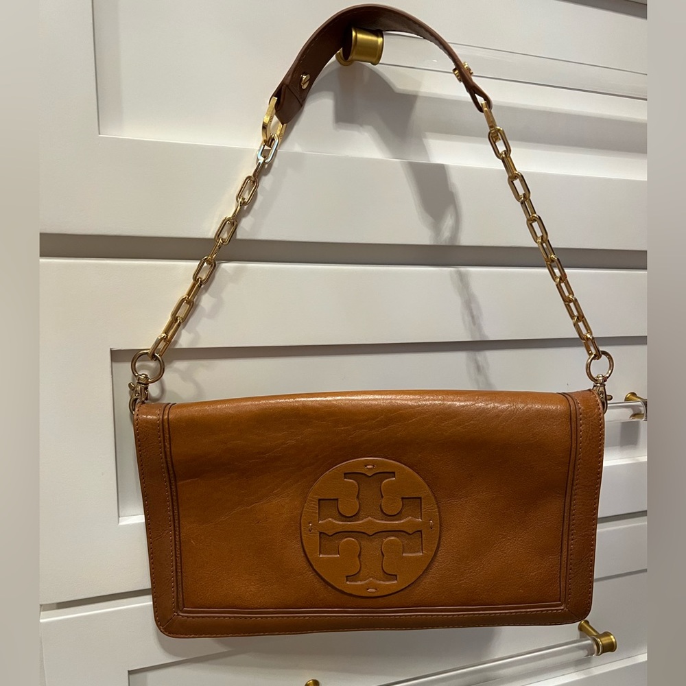 Tory Burch brown leather shoulder bag.